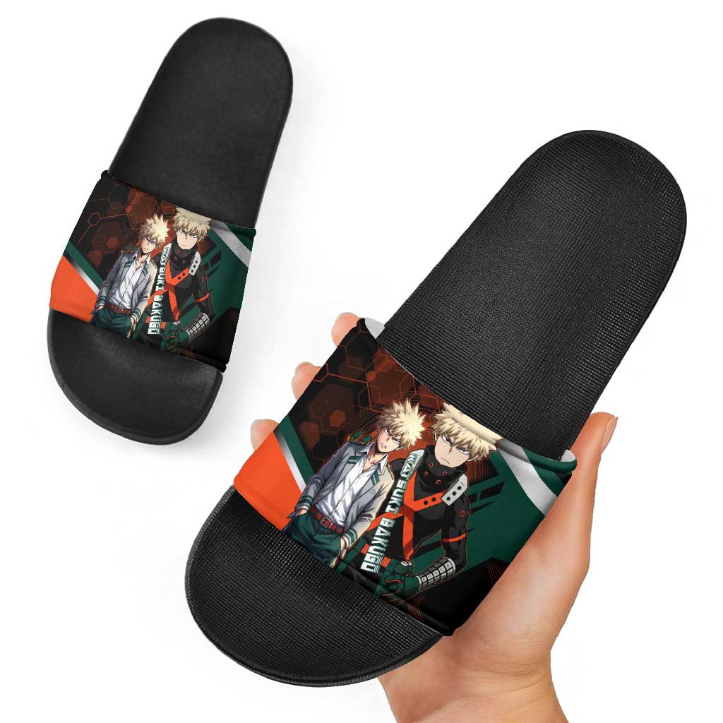 Katsuki Bakugo Slide Sandals Explosive Anime Action Illustration with Fiery Combat Effects
