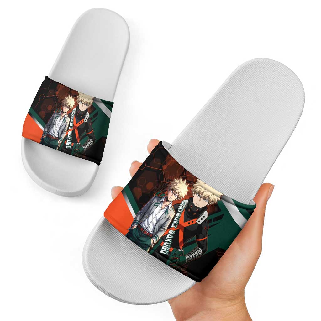 Katsuki Bakugo Slide Sandals Explosive Anime Action Illustration with Fiery Combat Effects