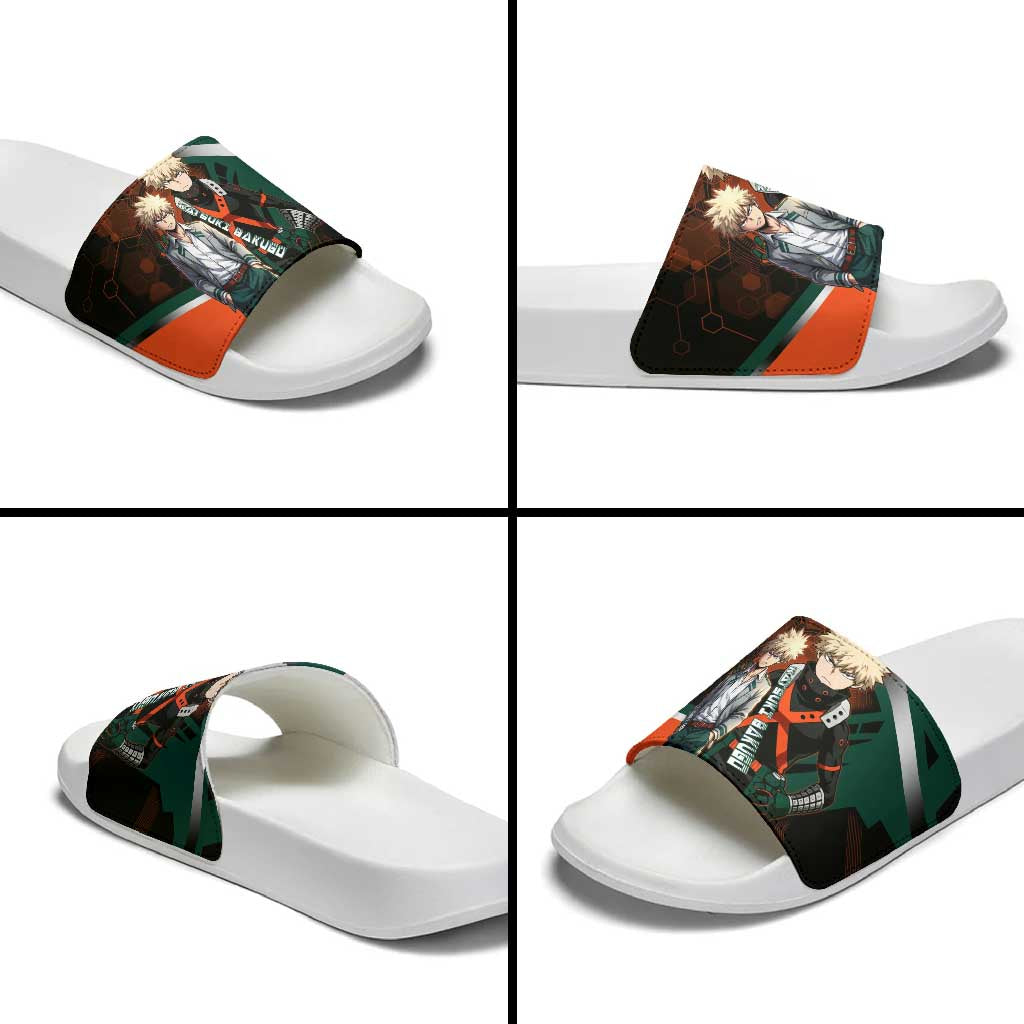Katsuki Bakugo Slide Sandals Explosive Anime Action Illustration with Fiery Combat Effects