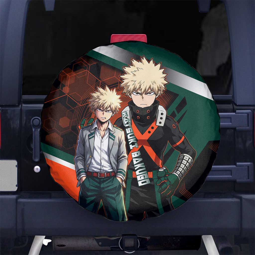 Katsuki Bakugo Spare Tire Cover Explosive Anime Action Illustration with Fiery Combat Effects