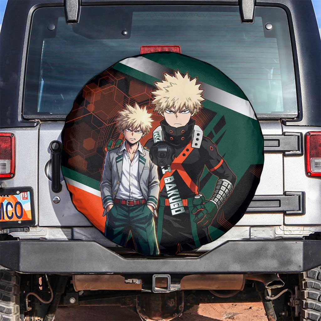 Katsuki Bakugo Spare Tire Cover Explosive Anime Action Illustration with Fiery Combat Effects