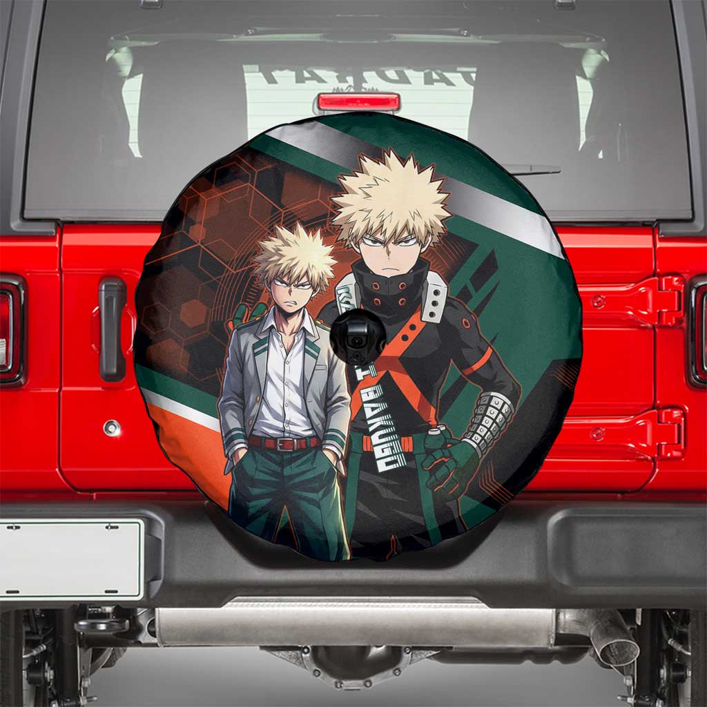Katsuki Bakugo Spare Tire Cover Explosive Anime Action Illustration with Fiery Combat Effects