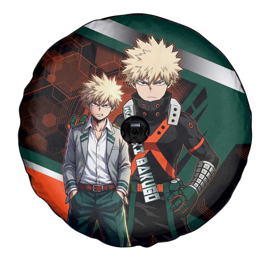 Katsuki Bakugo Spare Tire Cover Explosive Anime Action Illustration with Fiery Combat Effects
