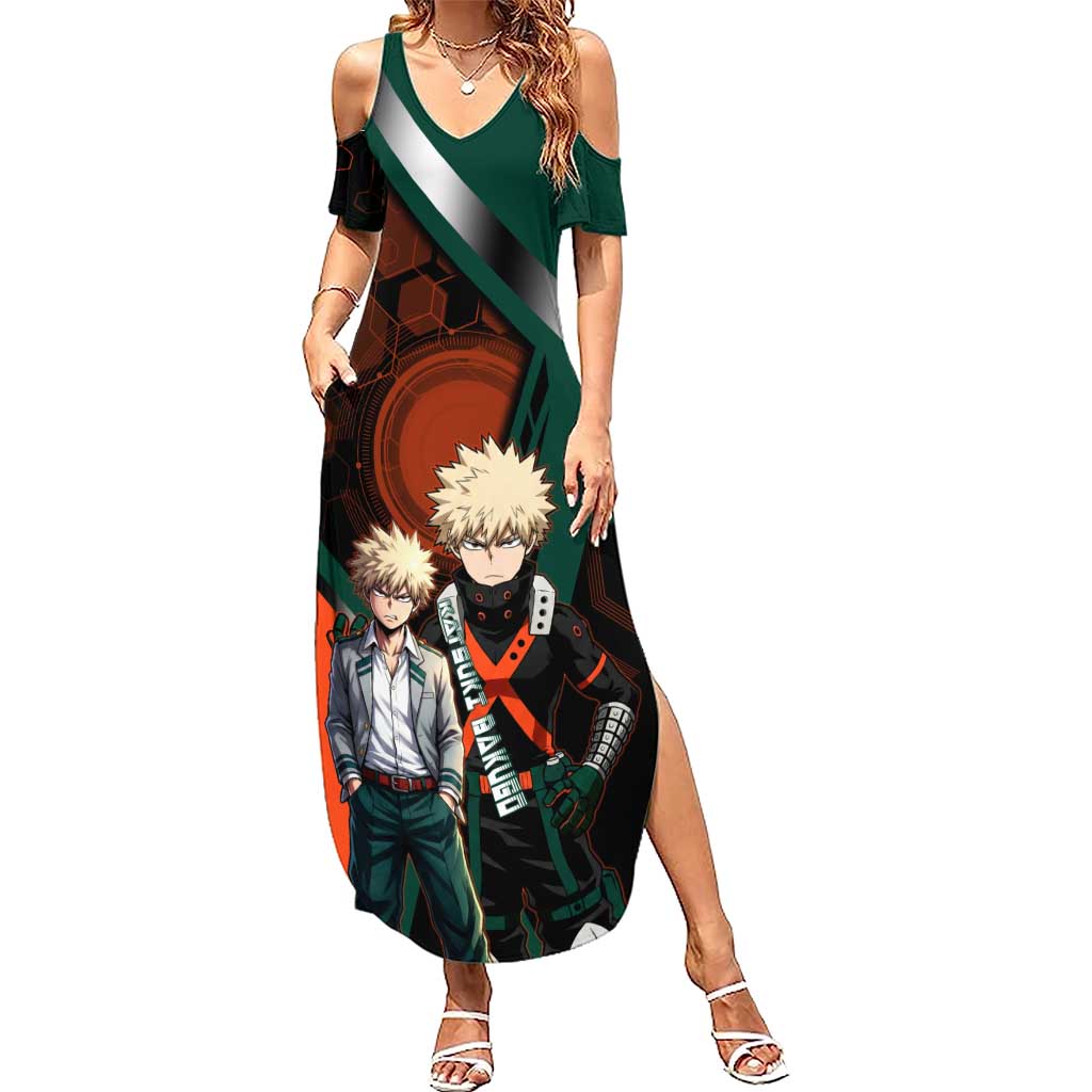 Katsuki Bakugo Summer Maxi Dress Explosive Anime Action Illustration with Fiery Combat Effects