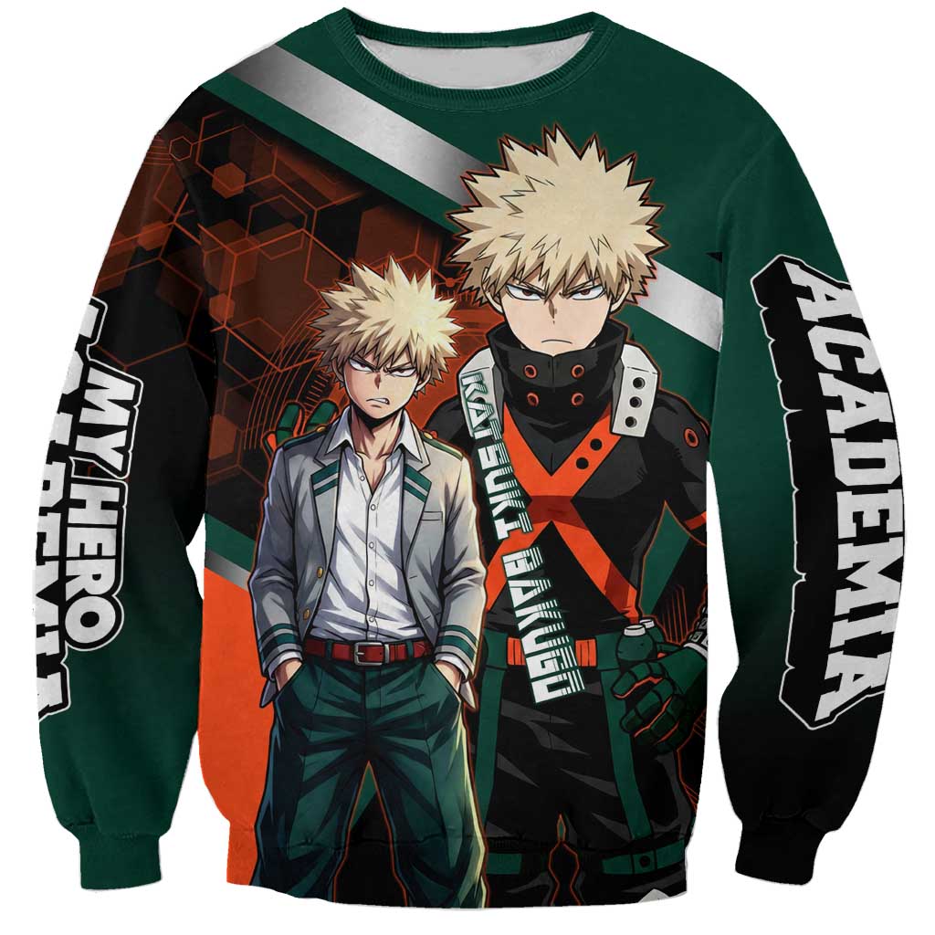 Katsuki Bakugo Sweatshirt Explosive Anime Action Illustration with Fiery Combat Effects