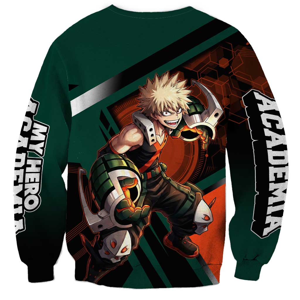 Katsuki Bakugo Sweatshirt Explosive Anime Action Illustration with Fiery Combat Effects