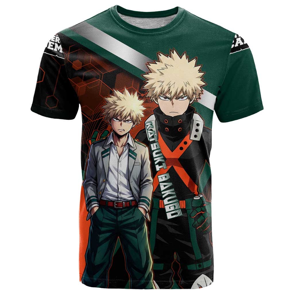 Katsuki Bakugo T Shirt Explosive Anime Action Illustration with Fiery Combat Effects