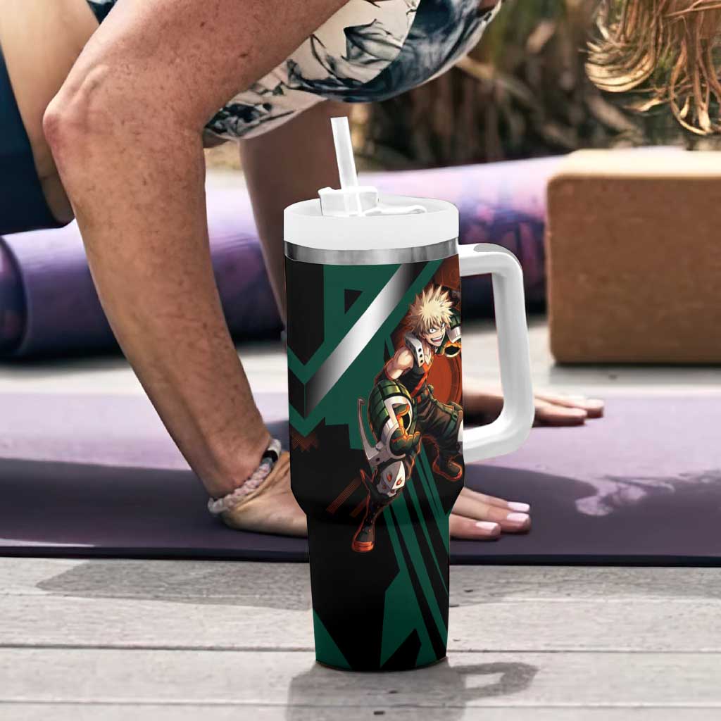 Katsuki Bakugo Tumbler With Handle Explosive Anime Action Illustration with Fiery Combat Effects