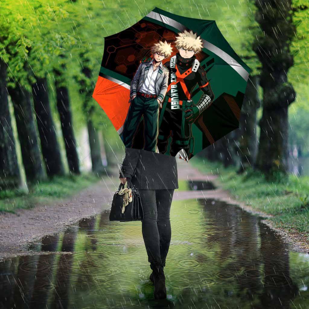 Katsuki Bakugo Umbrella Explosive Anime Action Illustration with Fiery Combat Effects