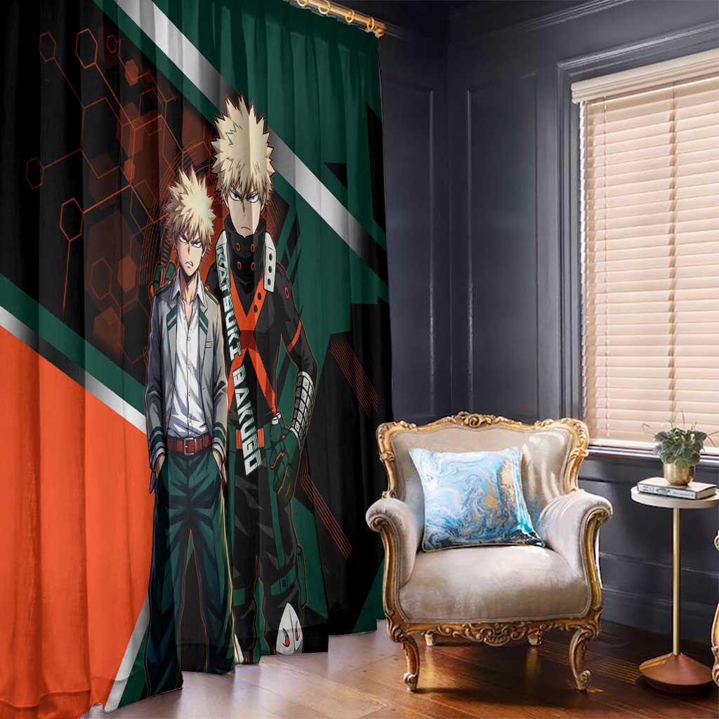 Katsuki Bakugo Window Curtain Explosive Anime Action Illustration with Fiery Combat Effects