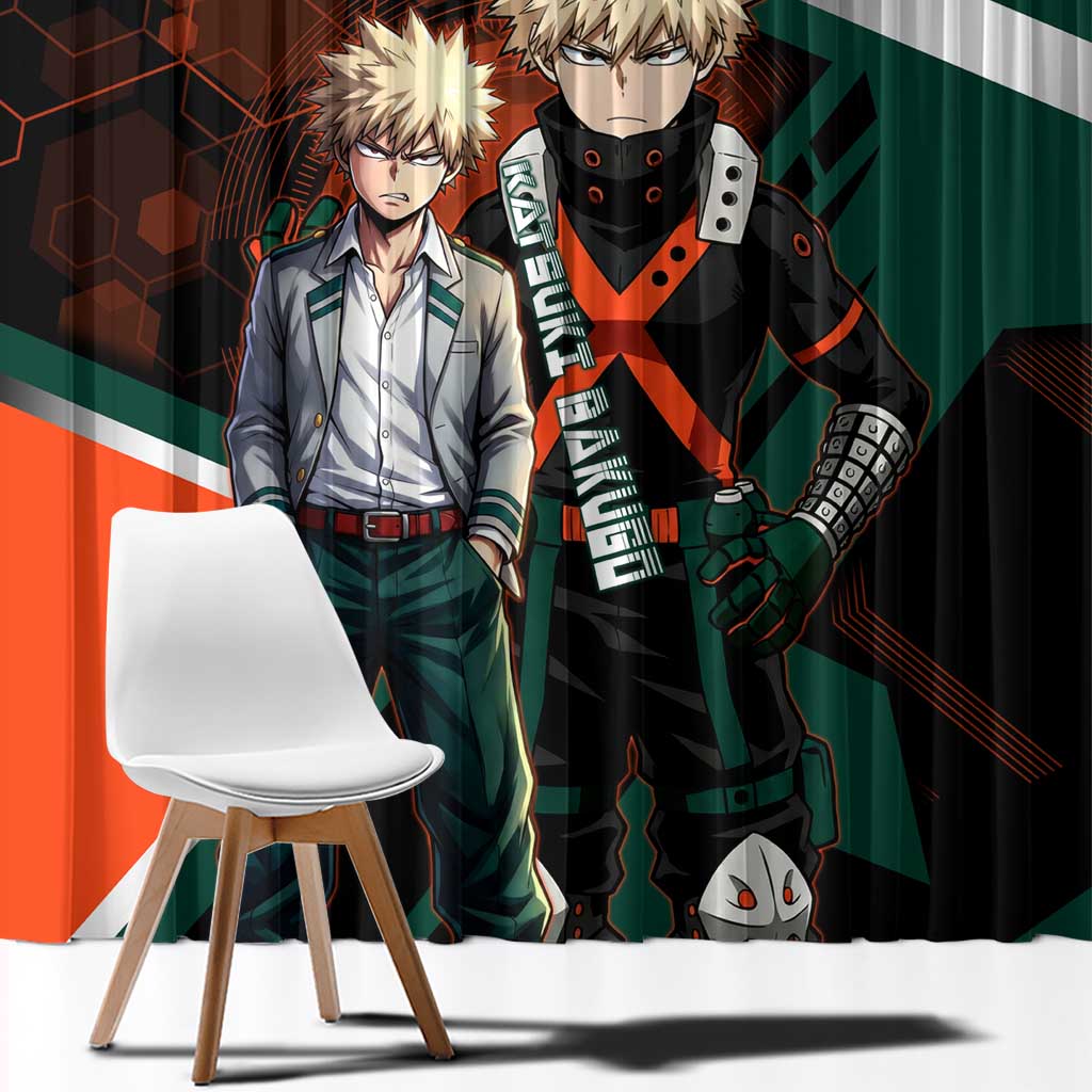 Katsuki Bakugo Window Curtain Explosive Anime Action Illustration with Fiery Combat Effects
