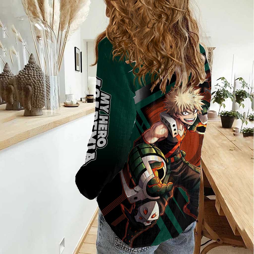 Katsuki Bakugo Women Casual Shirt Explosive Anime Action Illustration with Fiery Combat Effects