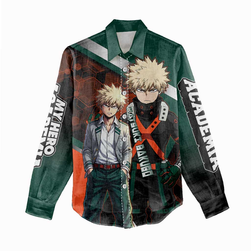 Katsuki Bakugo Women Casual Shirt Explosive Anime Action Illustration with Fiery Combat Effects