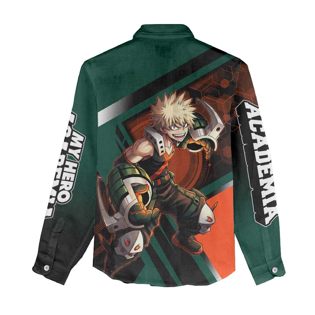 Katsuki Bakugo Women Casual Shirt Explosive Anime Action Illustration with Fiery Combat Effects