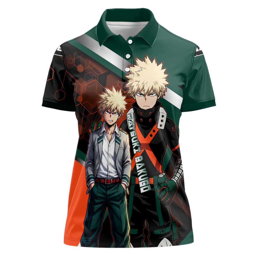 Katsuki Bakugo Women Polo Shirt Explosive Anime Action Illustration with Fiery Combat Effects