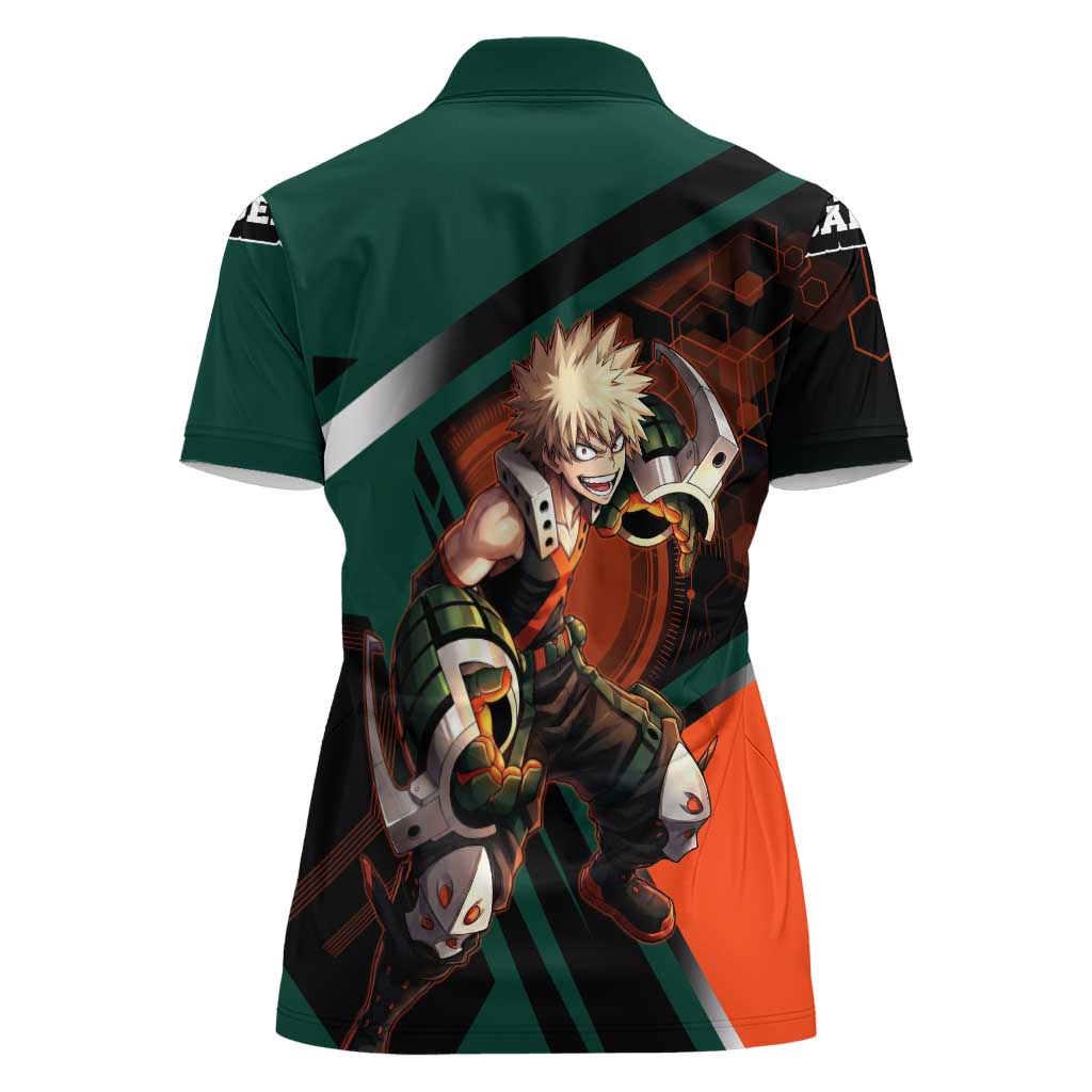 Katsuki Bakugo Women Polo Shirt Explosive Anime Action Illustration with Fiery Combat Effects
