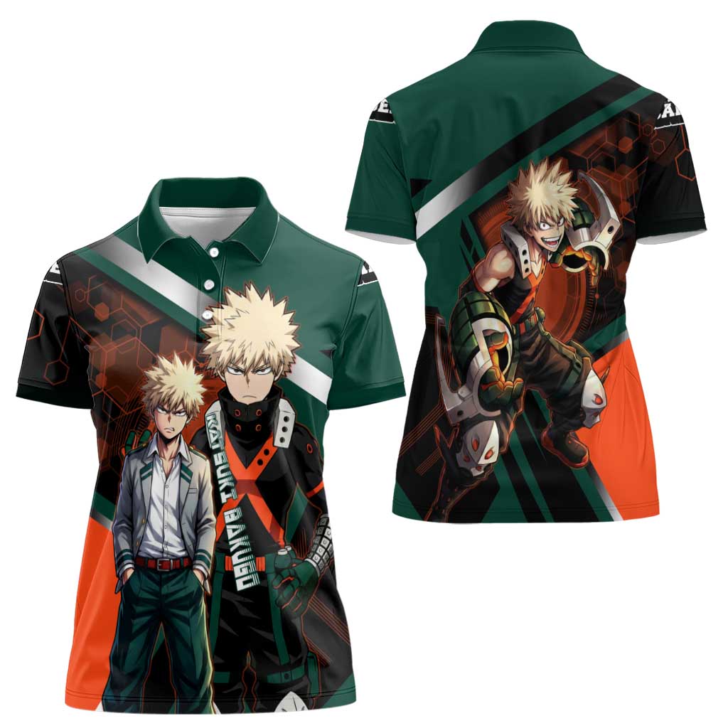 Katsuki Bakugo Women Polo Shirt Explosive Anime Action Illustration with Fiery Combat Effects