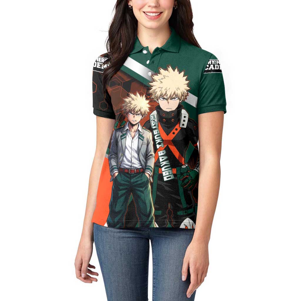 Katsuki Bakugo Women Polo Shirt Explosive Anime Action Illustration with Fiery Combat Effects