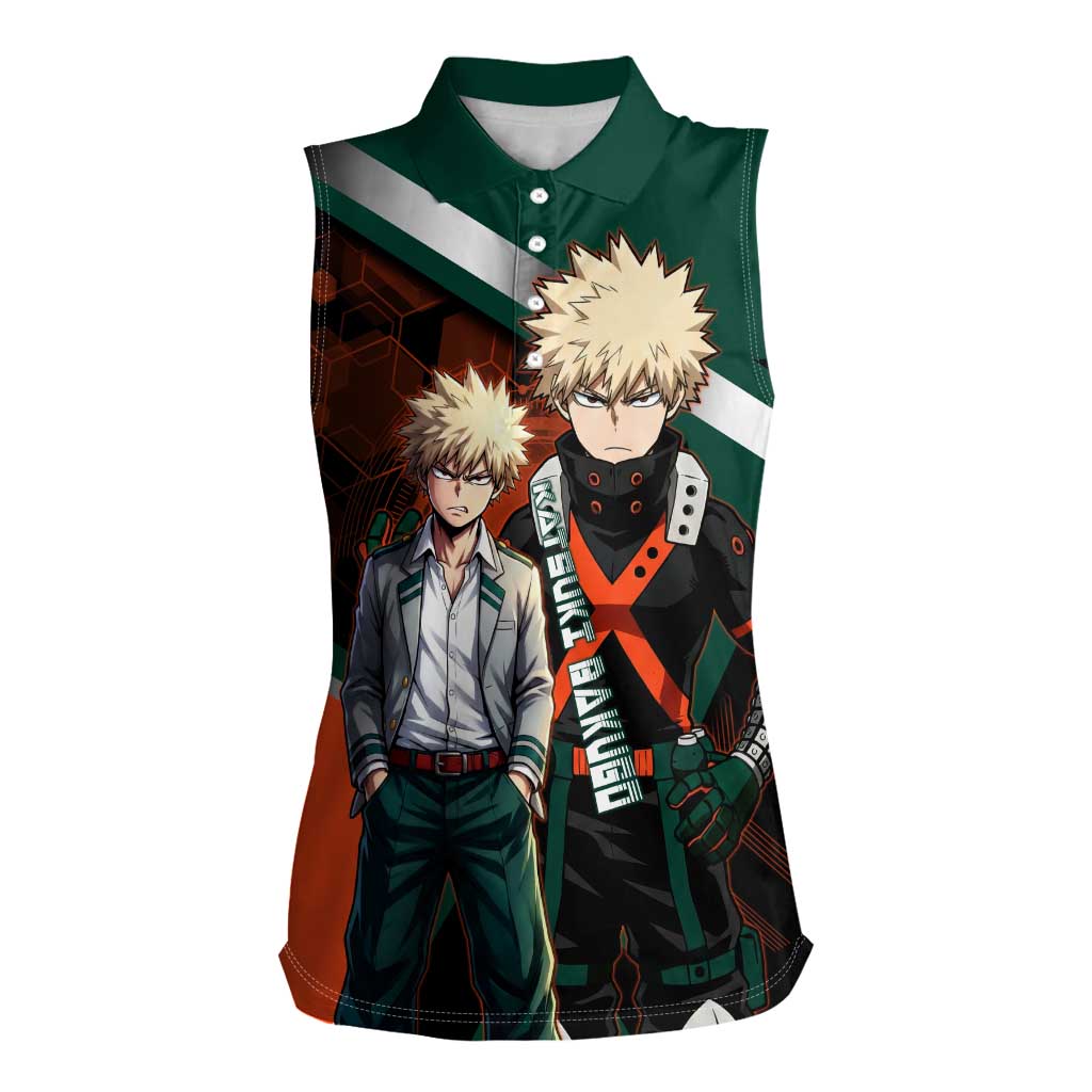 Katsuki Bakugo Women Sleeveless Polo Shirt Explosive Anime Action Illustration with Fiery Combat Effects