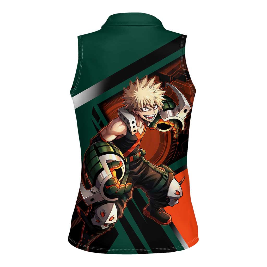 Katsuki Bakugo Women Sleeveless Polo Shirt Explosive Anime Action Illustration with Fiery Combat Effects