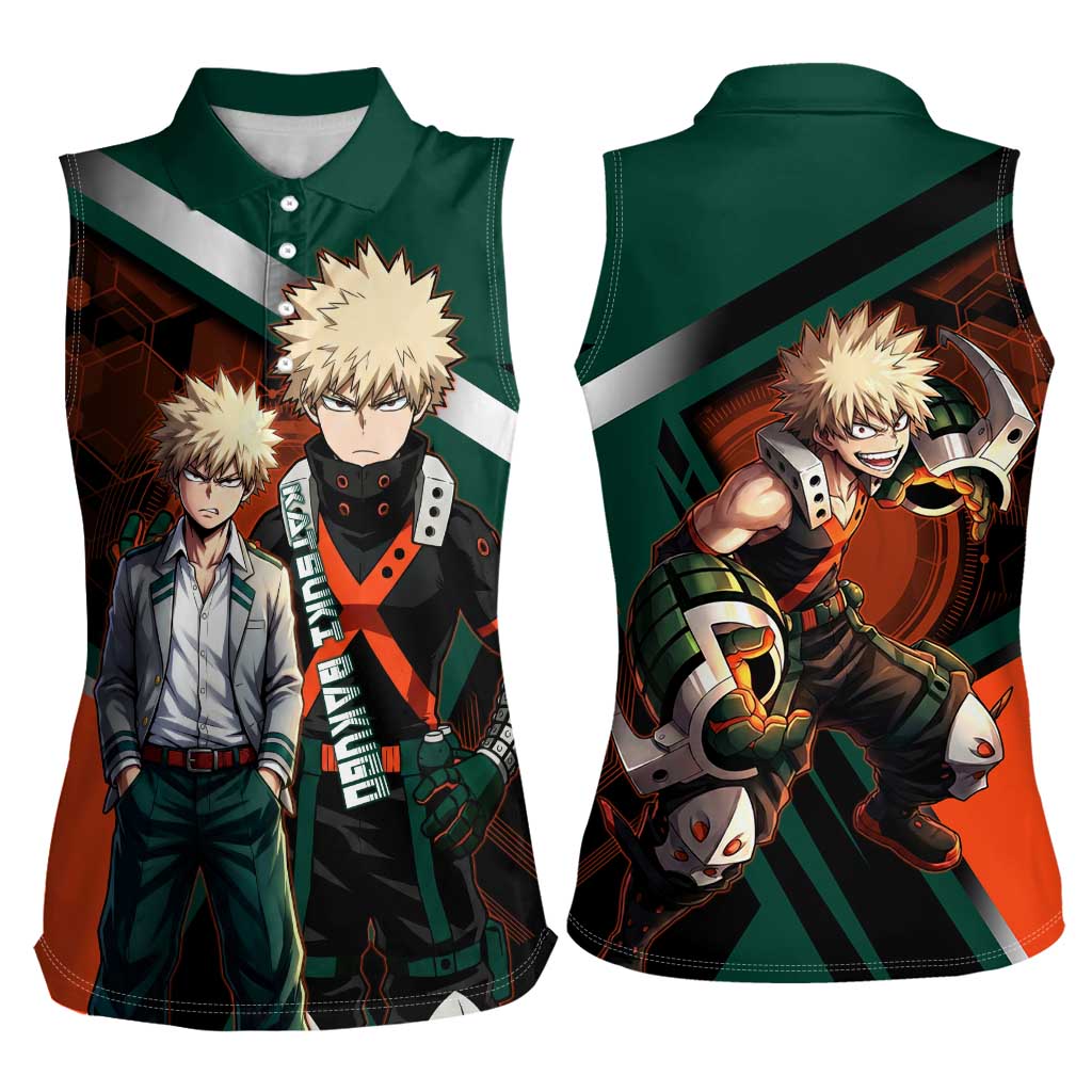 Katsuki Bakugo Women Sleeveless Polo Shirt Explosive Anime Action Illustration with Fiery Combat Effects