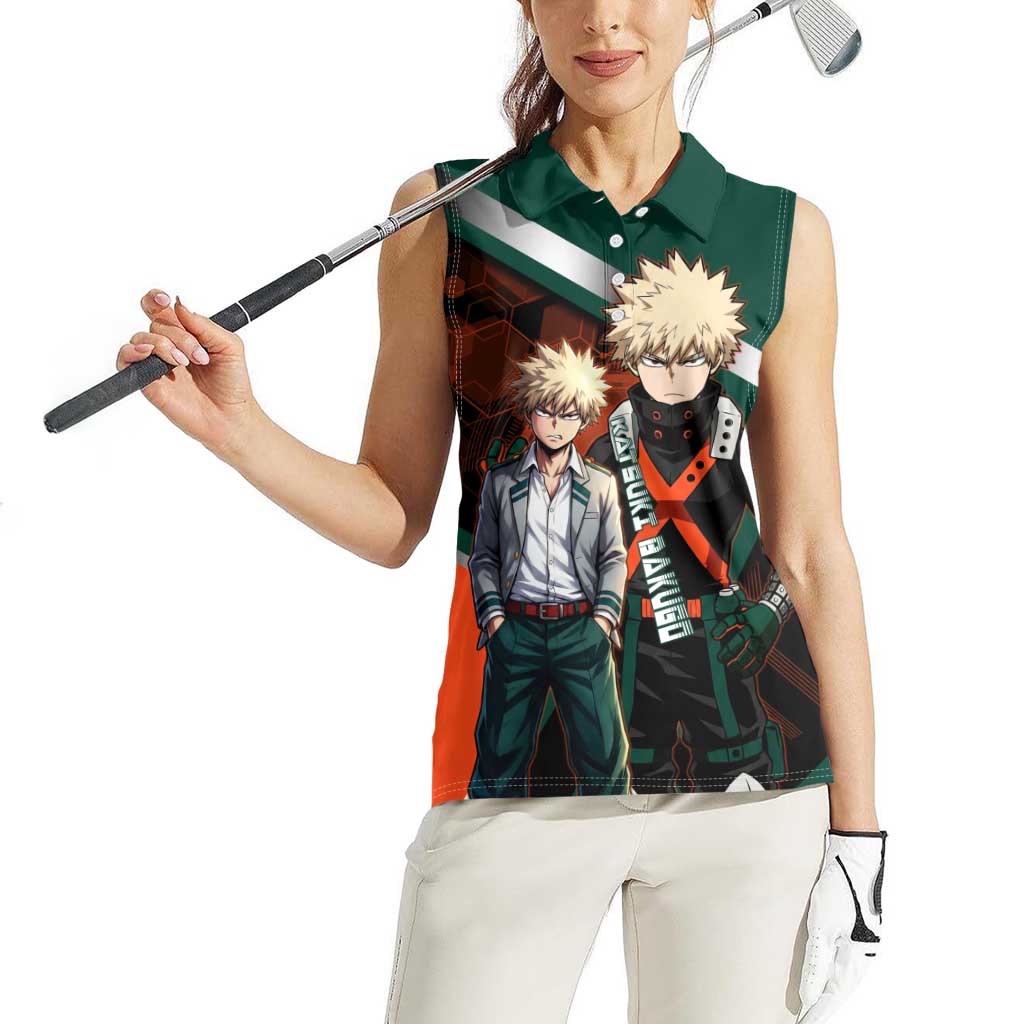 Katsuki Bakugo Women Sleeveless Polo Shirt Explosive Anime Action Illustration with Fiery Combat Effects