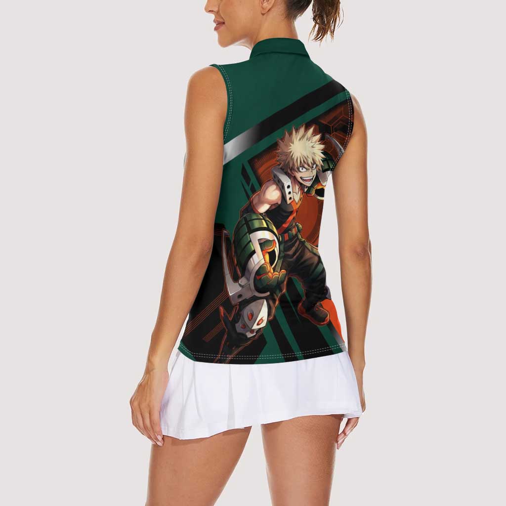 Katsuki Bakugo Women Sleeveless Polo Shirt Explosive Anime Action Illustration with Fiery Combat Effects