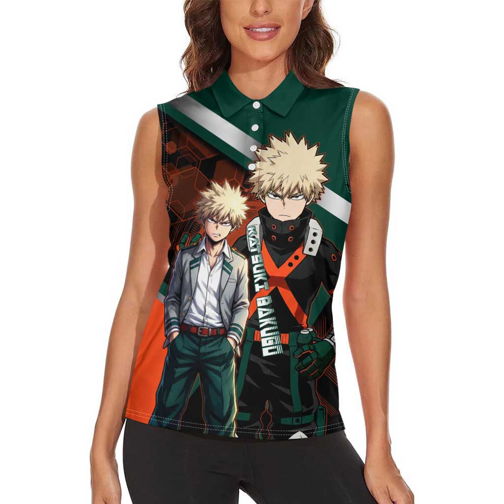 Katsuki Bakugo Women Sleeveless Polo Shirt Explosive Anime Action Illustration with Fiery Combat Effects