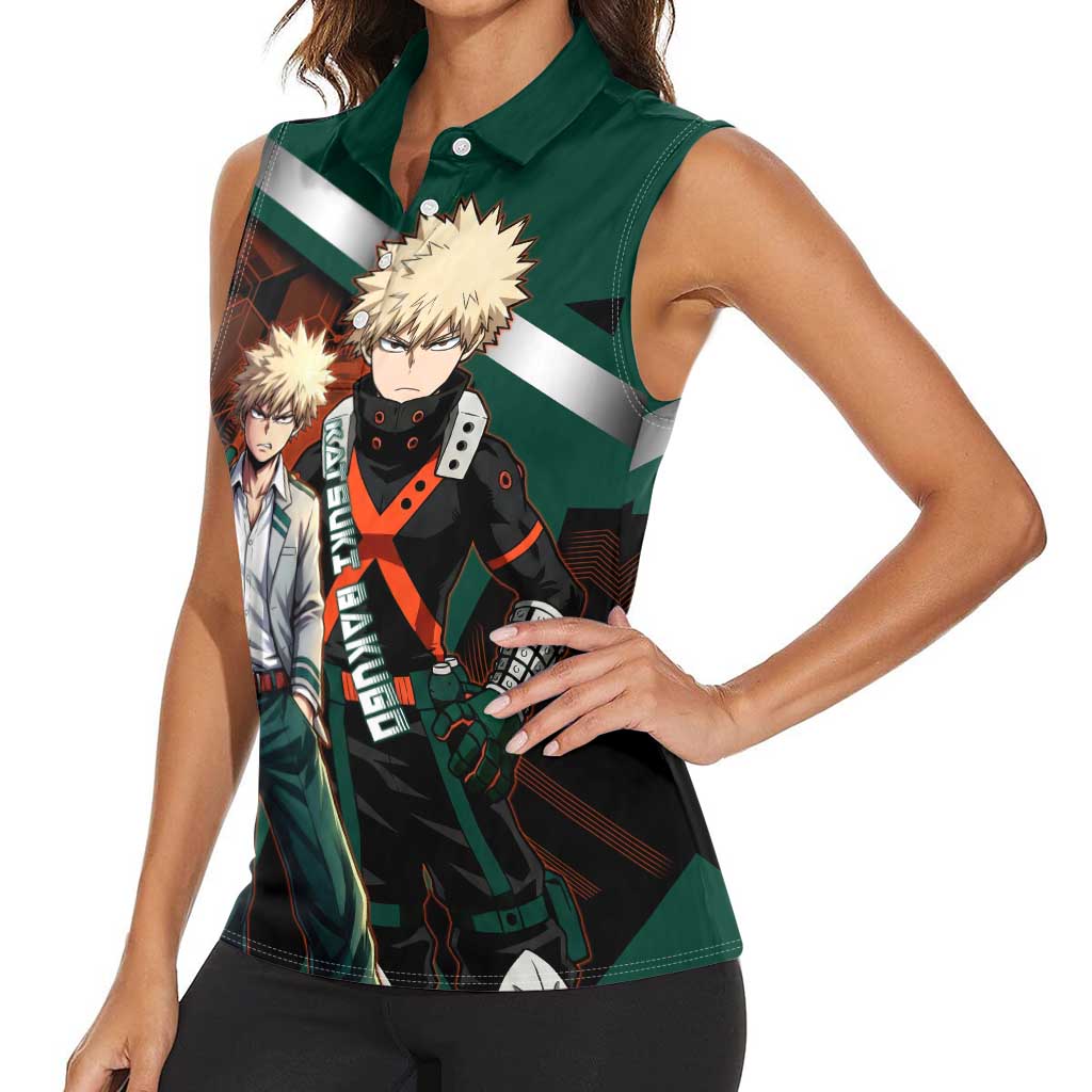 Katsuki Bakugo Women Sleeveless Polo Shirt Explosive Anime Action Illustration with Fiery Combat Effects
