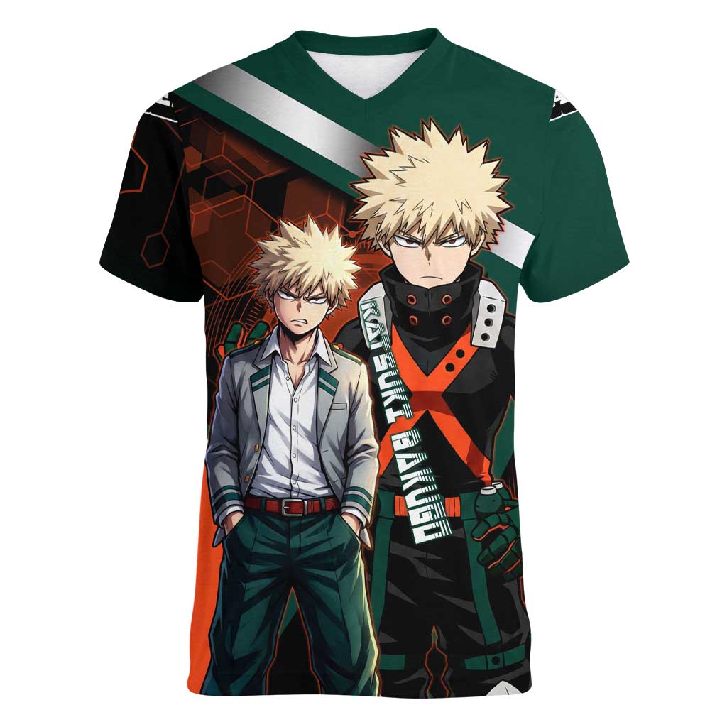 Katsuki Bakugo Women V-Neck T-Shirt Explosive Anime Action Illustration with Fiery Combat Effects