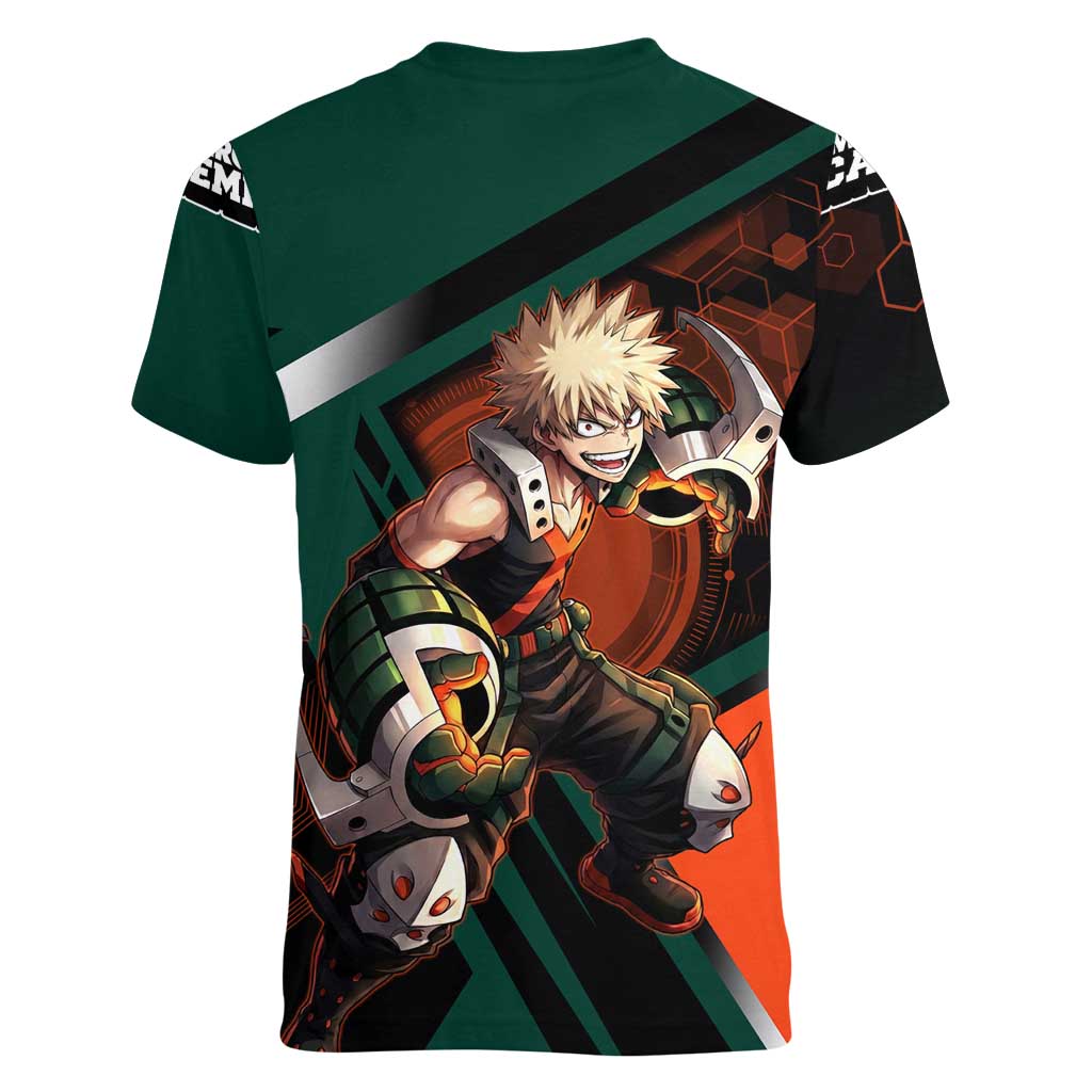 Katsuki Bakugo Women V-Neck T-Shirt Explosive Anime Action Illustration with Fiery Combat Effects