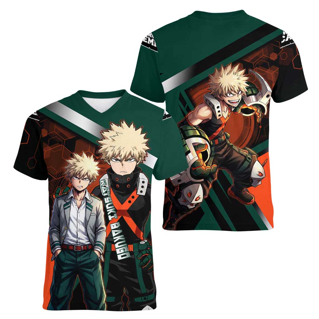 Katsuki Bakugo Women V-Neck T-Shirt Explosive Anime Action Illustration with Fiery Combat Effects