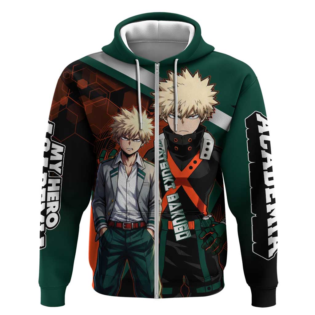 Katsuki Bakugo Zip Hoodie Explosive Anime Action Illustration with Fiery Combat Effects