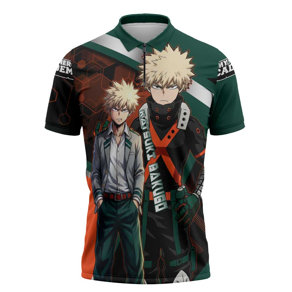 Katsuki Bakugo Zipper Polo Shirt Explosive Anime Action Illustration with Fiery Combat Effects