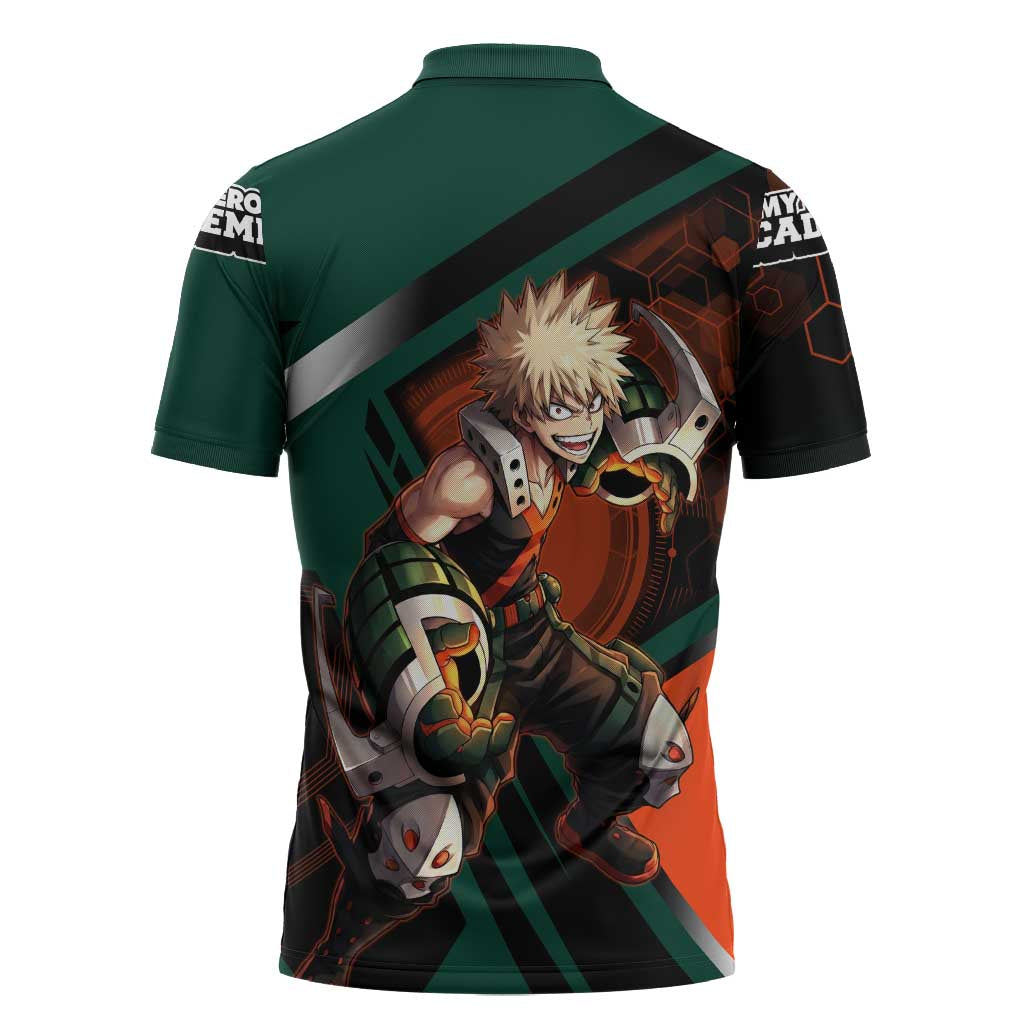 Katsuki Bakugo Zipper Polo Shirt Explosive Anime Action Illustration with Fiery Combat Effects