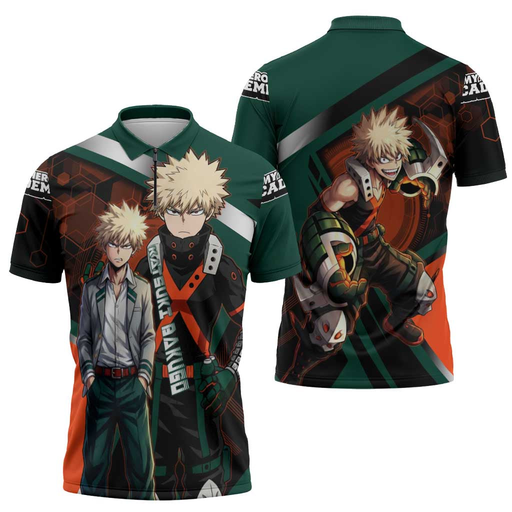 Katsuki Bakugo Zipper Polo Shirt Explosive Anime Action Illustration with Fiery Combat Effects