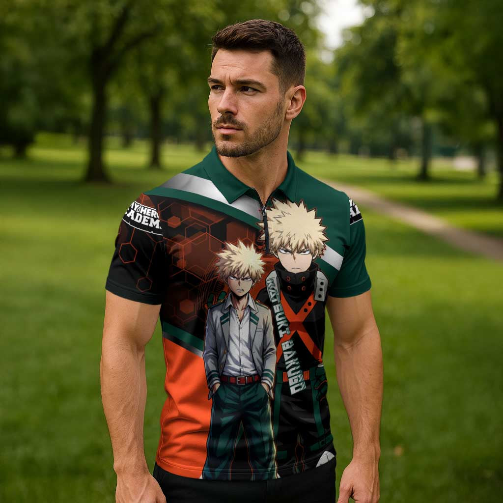 Katsuki Bakugo Zipper Polo Shirt Explosive Anime Action Illustration with Fiery Combat Effects