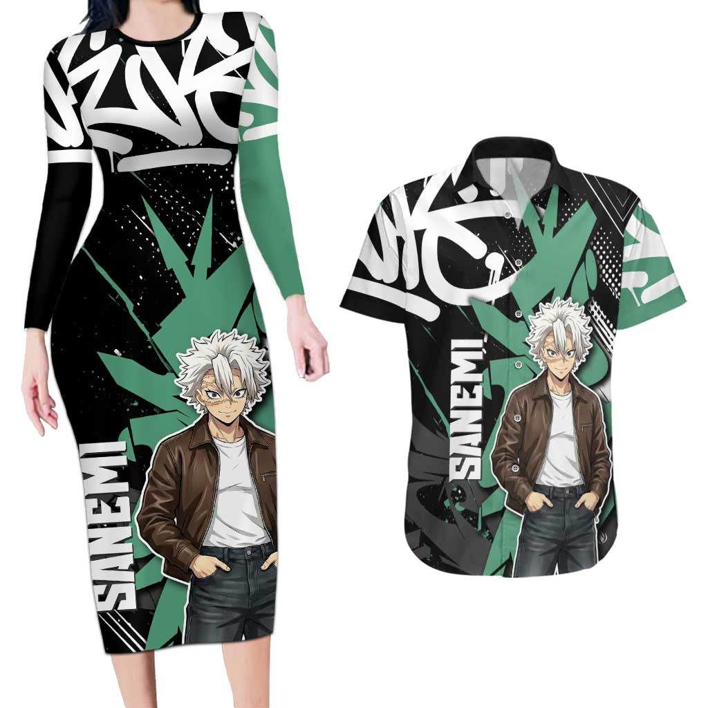 Sanemi Demon Slayer Couples Matching Long Sleeve Bodycon Dress and Hawaiian Shirt Graffiti Street Anime Design