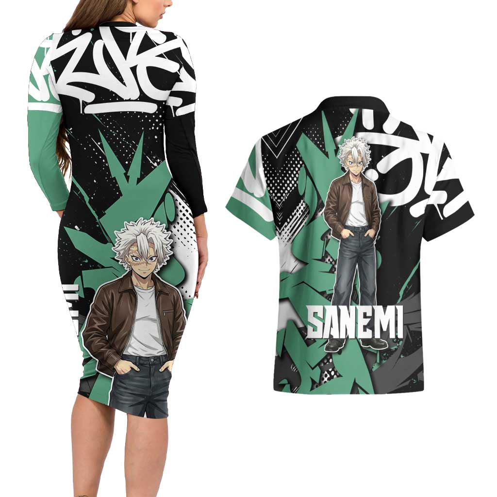 Sanemi Demon Slayer Couples Matching Long Sleeve Bodycon Dress and Hawaiian Shirt Graffiti Street Anime Design
