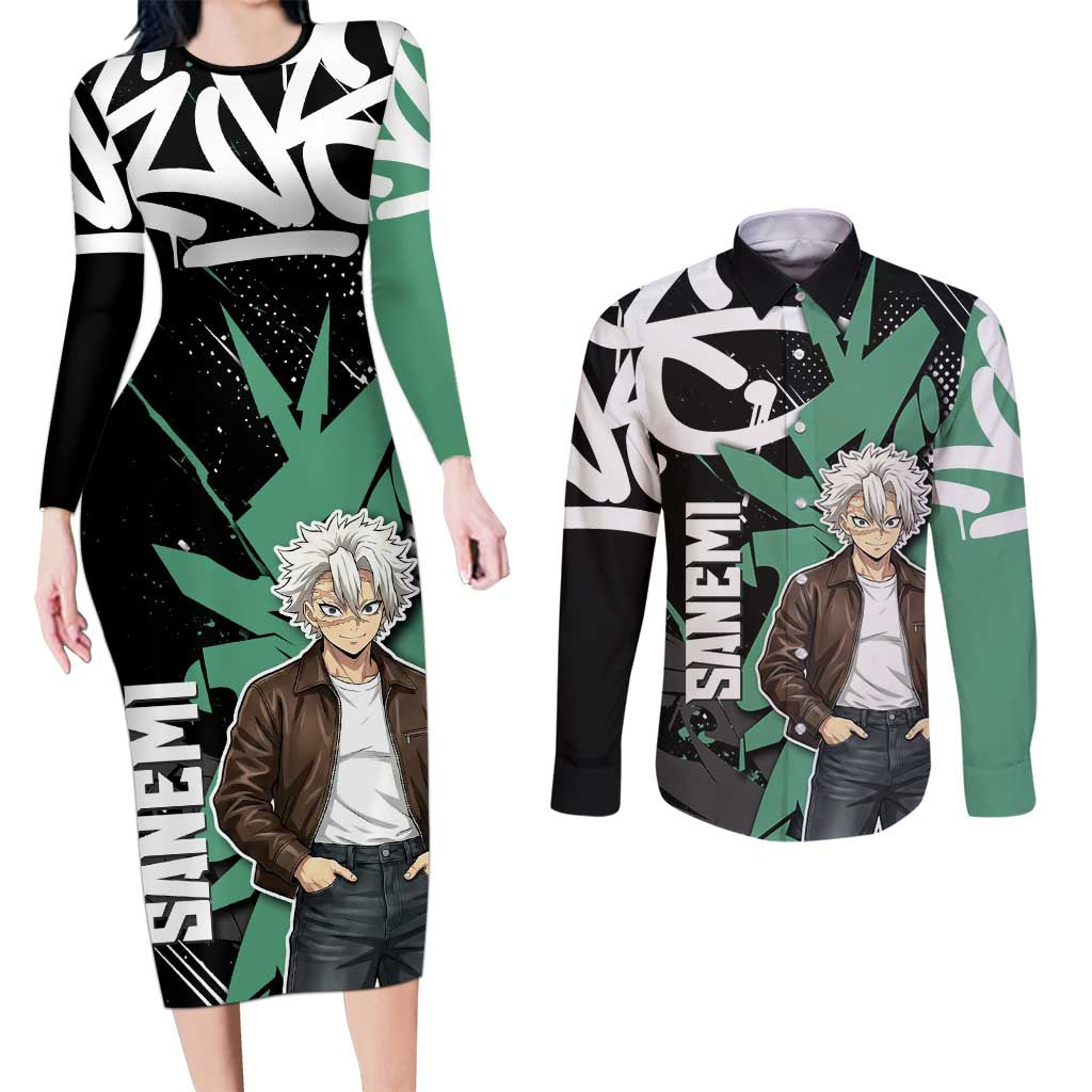 Sanemi Demon Slayer Couples Matching Long Sleeve Bodycon Dress and Long Sleeve Button Shirt Graffiti Street Anime Design