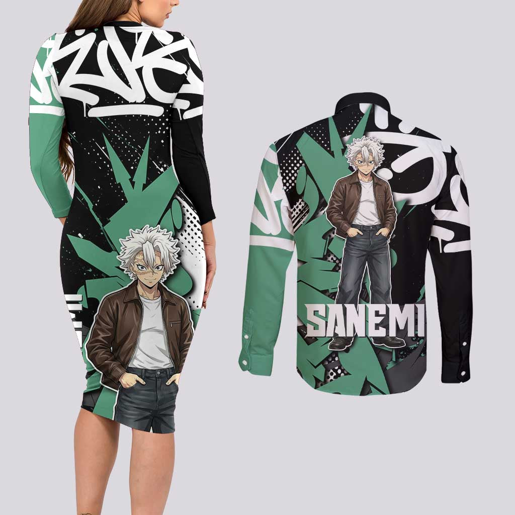 Sanemi Demon Slayer Couples Matching Long Sleeve Bodycon Dress and Long Sleeve Button Shirt Graffiti Street Anime Design