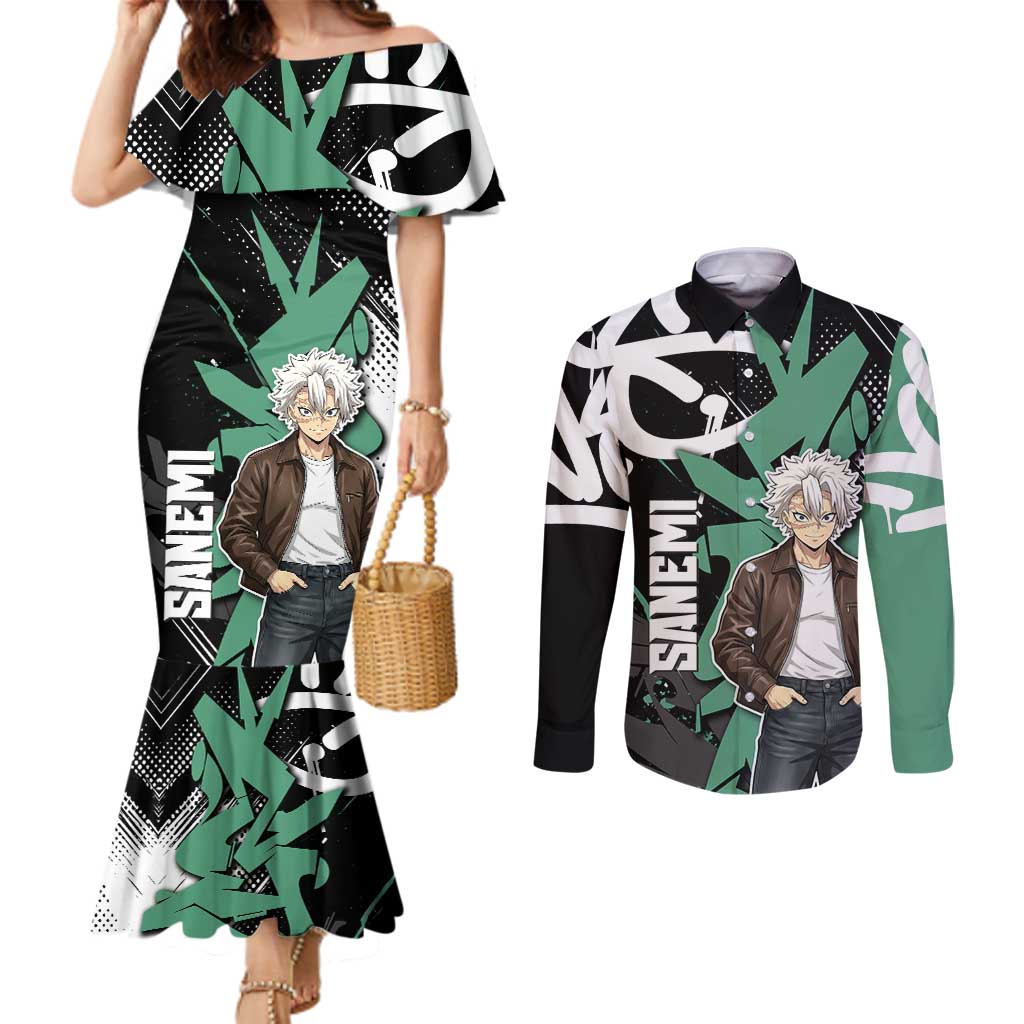 Sanemi Demon Slayer Couples Matching Mermaid Dress and Long Sleeve Button Shirt Graffiti Street Anime Design