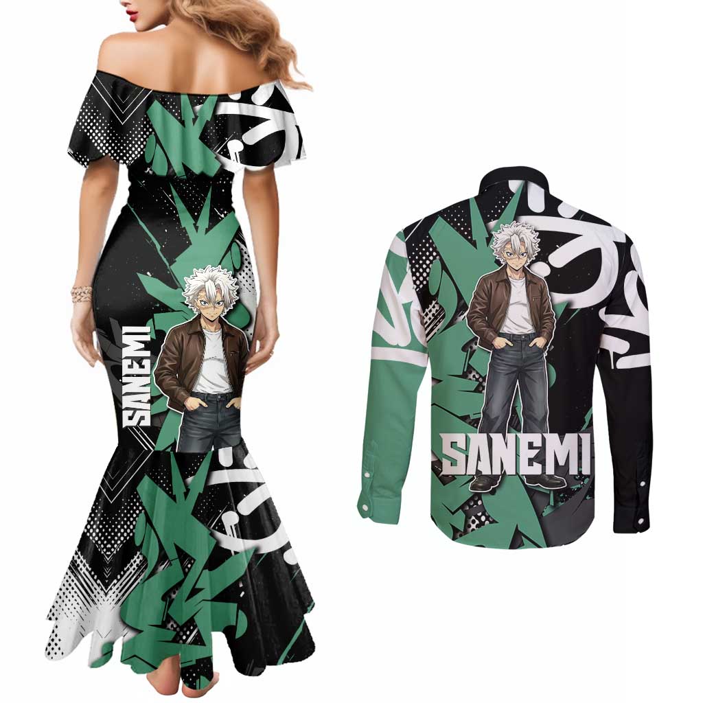 Sanemi Demon Slayer Couples Matching Mermaid Dress and Long Sleeve Button Shirt Graffiti Street Anime Design