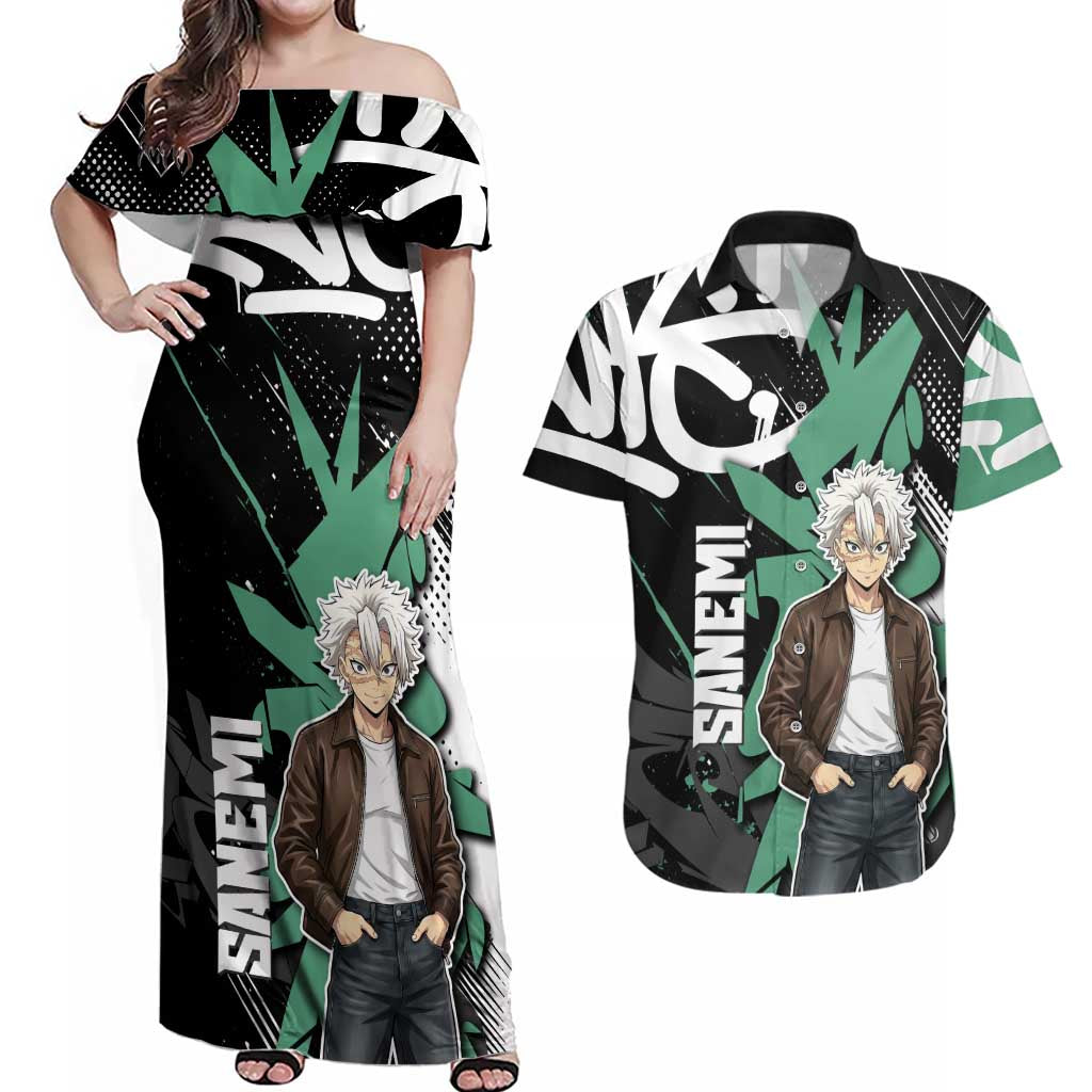 Sanemi Demon Slayer Couples Matching Off Shoulder Maxi Dress and Hawaiian Shirt Graffiti Street Anime Design