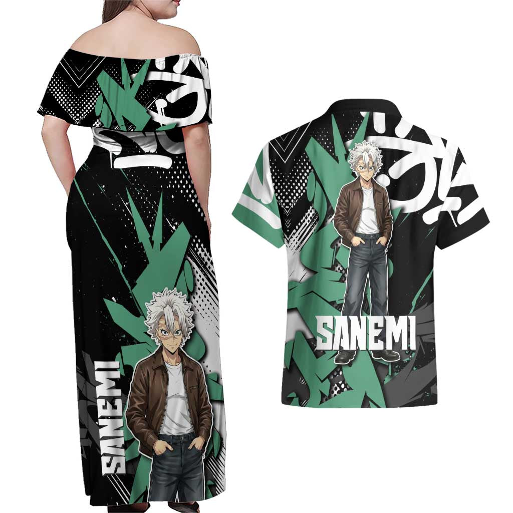 Sanemi Demon Slayer Couples Matching Off Shoulder Maxi Dress and Hawaiian Shirt Graffiti Street Anime Design