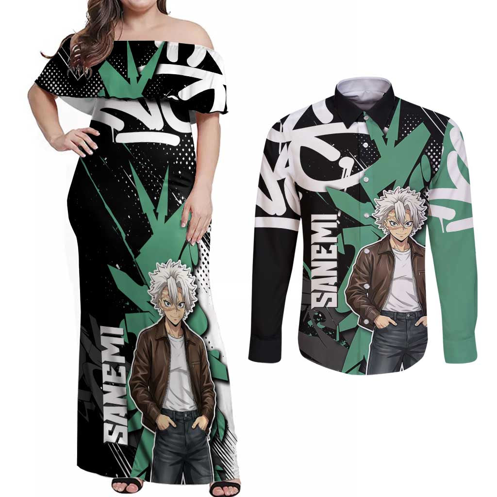Sanemi Demon Slayer Couples Matching Off Shoulder Maxi Dress and Long Sleeve Button Shirt Graffiti Street Anime Design