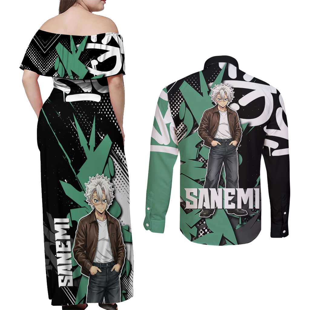 Sanemi Demon Slayer Couples Matching Off Shoulder Maxi Dress and Long Sleeve Button Shirt Graffiti Street Anime Design