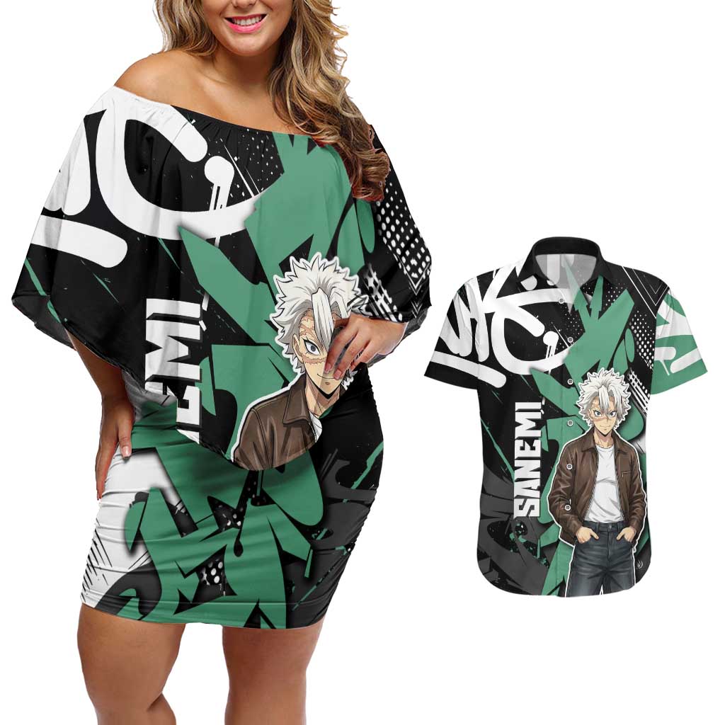 Sanemi Demon Slayer Couples Matching Off Shoulder Short Dress and Hawaiian Shirt Graffiti Street Anime Design