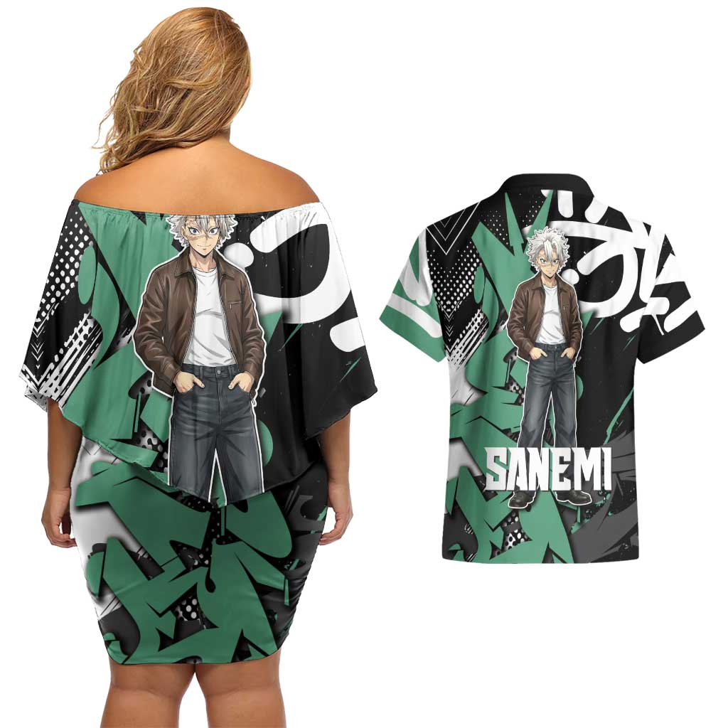 Sanemi Demon Slayer Couples Matching Off Shoulder Short Dress and Hawaiian Shirt Graffiti Street Anime Design