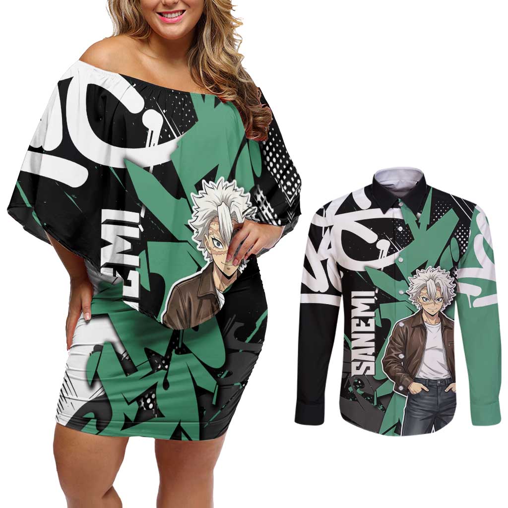 Sanemi Demon Slayer Couples Matching Off Shoulder Short Dress and Long Sleeve Button Shirt Graffiti Street Anime Design